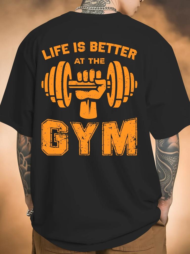Oversized Short-Sleeve T-Shirt Featuring Vintage Distressed Graphic Print with the Phrase "LIFE IS BETTER AT THE GYM" and a Bold Illustration