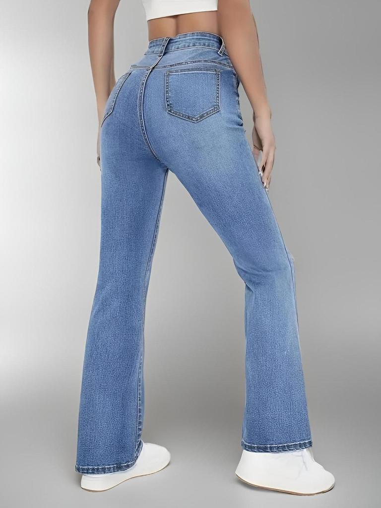 2025 Women's High-Waisted Micro-Flare Light Blue Jeans - Slimming and Flattering European and American Style Long Pants