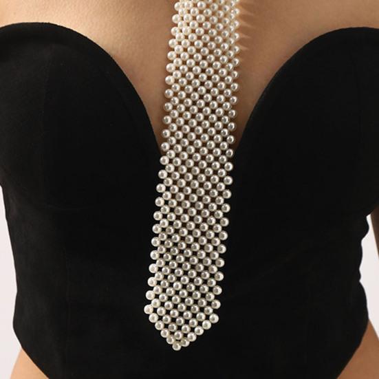 Women Necktie, Faux Pearls Wedding Guest Tie, Decorative Business Suit Tie, Outfit Accessory for Formal Events