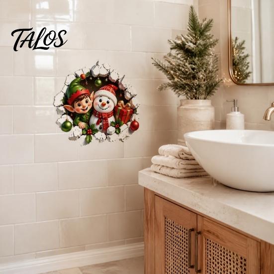 Holiday Bathroom Wall Sticker Christmas Crack Toilet Seat Cover Sticker, Cute 3D Elf Boy Snowman Broken Waterproof Restroom Art Through Tank Lid Decal