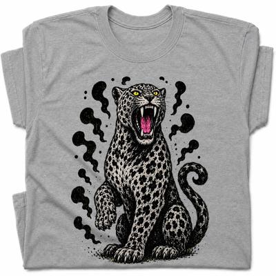 Roaring Leopard Yellow Eyes T-Shirt Angry Jungle Jaguar Tee
