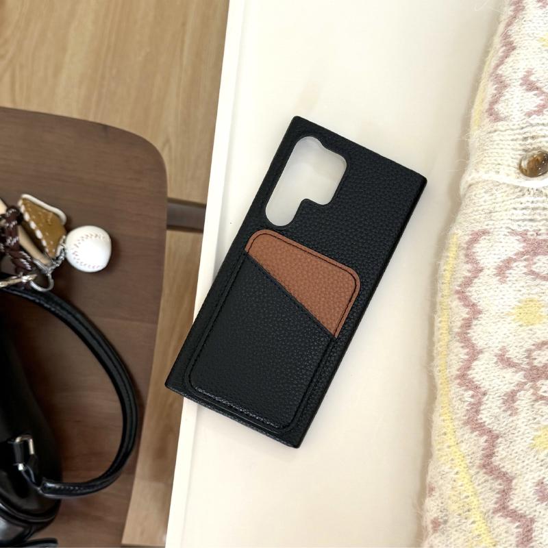 

Luxury Color Collision Leather Wallet Card Slot Phone Case For Samsung S25 Ultra Edge S23 S22 S24 Ultra Plus Bumper Back Cover Galaxy S25 Edge чёрный