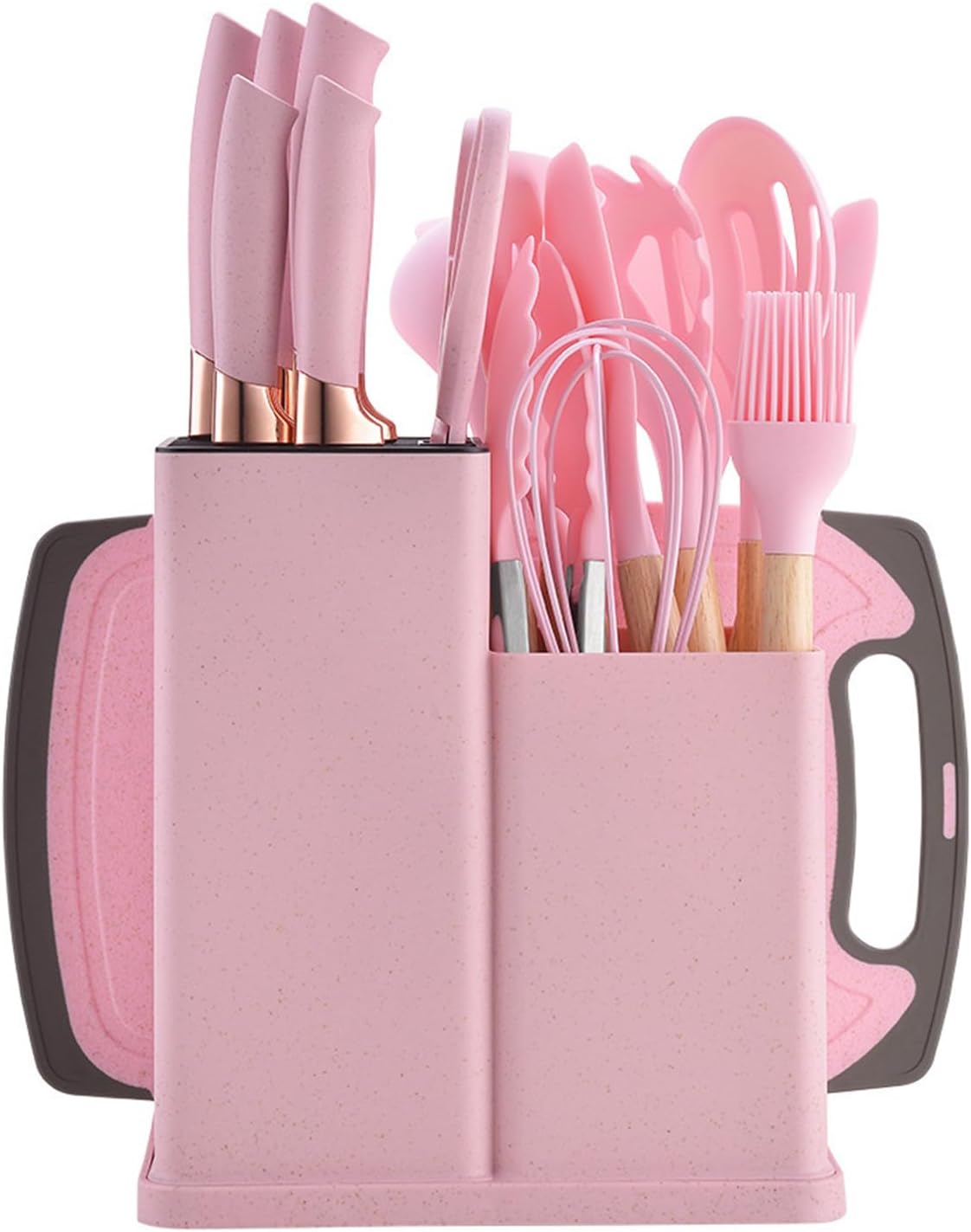 Custom Wholesale 19 Kitchenware Set Silicone Utensil Cuttings Board Storage Wooden Handle Bucket Knife Non Stick Kitchenware Set Routine