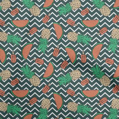 Cotton Flex Dark Teal Green Fabric Tropical Fruits With Chevron Sewing Fabric By The Yard Printed Diy Clothing Sewing Supplies 40 Inch