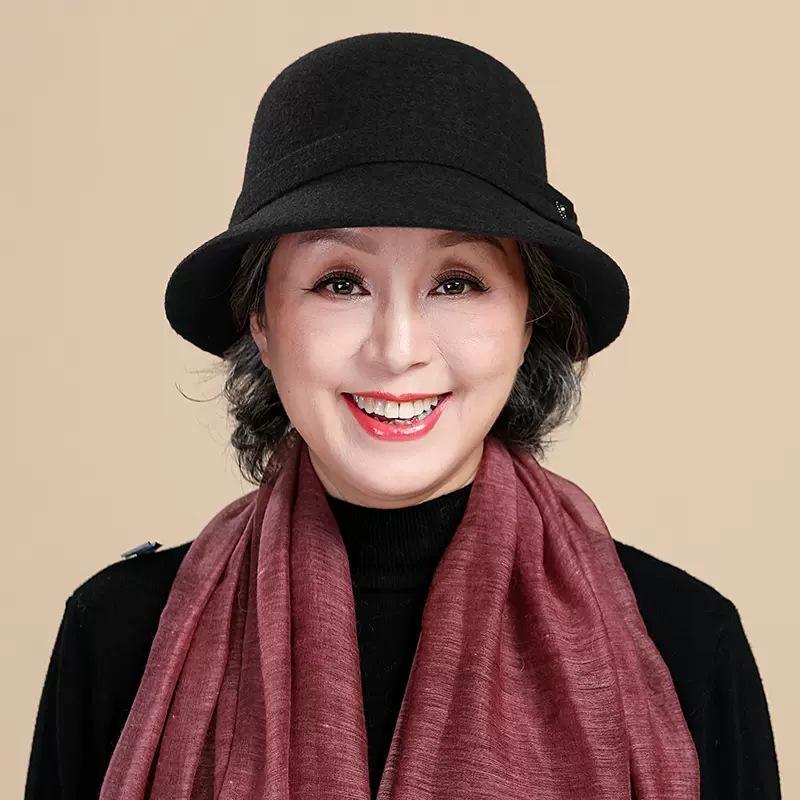 Autumn and winter women's high-end hats, middle-aged mother hats, top hats, woolen bows, basin hats, fashion hats, ladies