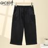 QICED Summer Women Elastic Waist Straight Trousers Middle Age Older Women High Waist Straight Pants Washed Cotton Cropped Plus Size Pants