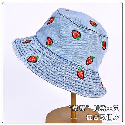 Sommerhut Damen vielseitig Gesicht klein Sonnenschutz Denim Bucket Hat Erdbeere bestickt Sonnenschirm Beckenhut