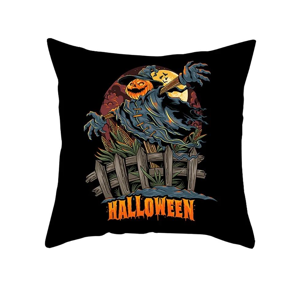 Home Decor Halloween Cushion Cover Skull Cat Scary Pumpkin Bat Castle Print Square Pillowcase Party x Funda de almohada