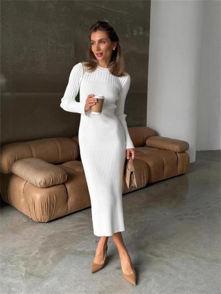 Damen Langarm Herbst/Winter Woll Bodycon Kleid - Gestrickt, Gerippt, Einfarbig, Rundhals