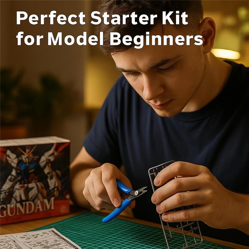 16-piece model making tool set, including plastic model kits for Gundam, cars, and miniatures, with storage box