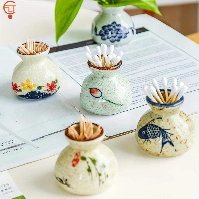 1PCS Chinese Style Ceramic Small Vases Home Decor Mini Retro Toothpick Holder Cotton Swab Storage Jar