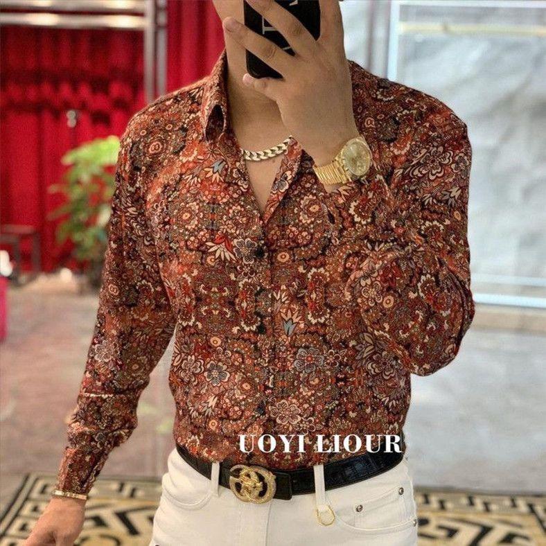 

Цветочная рубашка в парном стиле, винтажный дизайн, с длинным рукавом, пляжная рубашка, трендовая и шикарная, базовый слой M кофейный