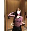 Women's Purple Slim Fit Halter Neck Lace Patchwork Two-Piece Look Long Sleeve Top