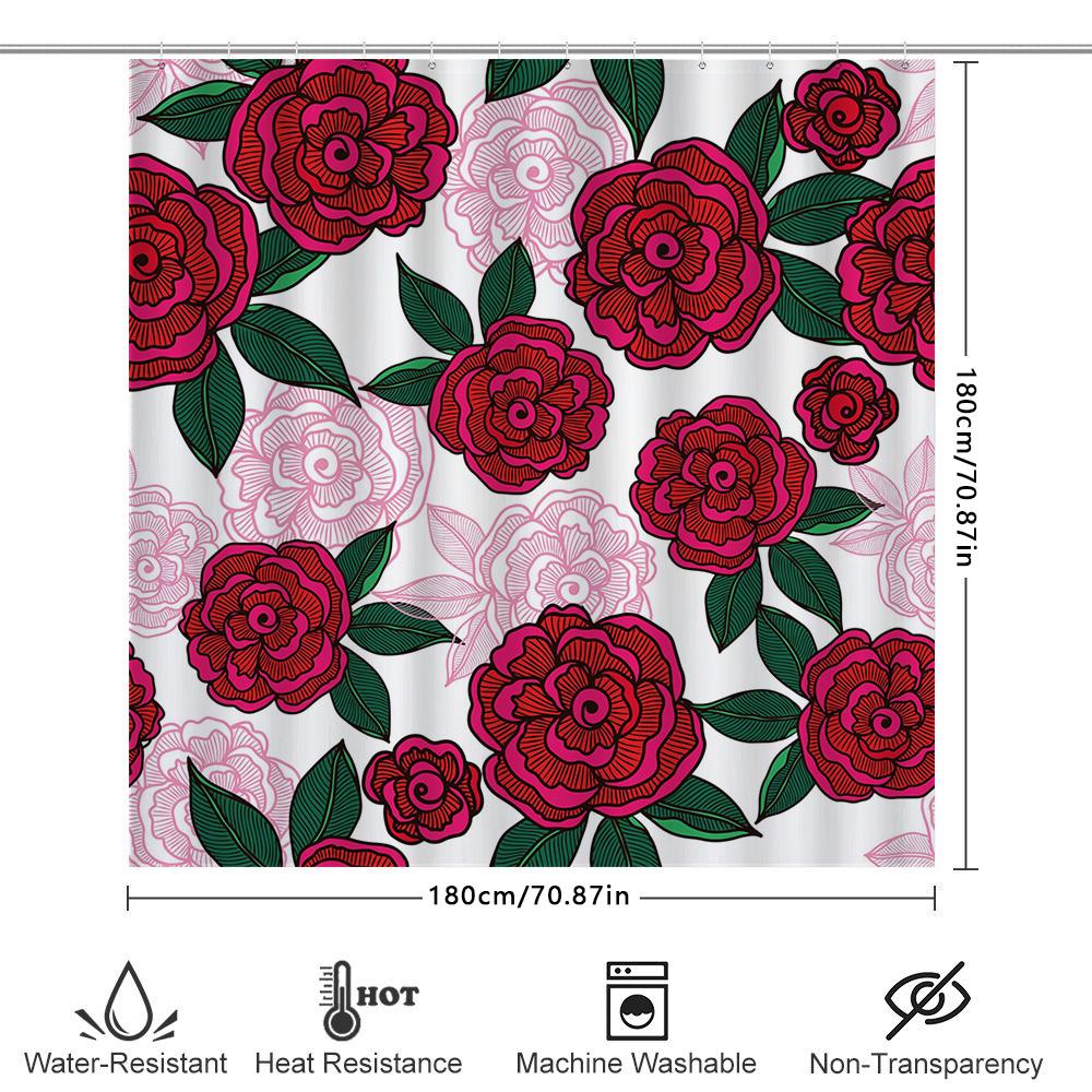 Vintage Floral Shower Curtain, Retro Decorative Bath Matting Waterproof Fabric Print Bathroom Accessories Pink Red Blossoms 3D D