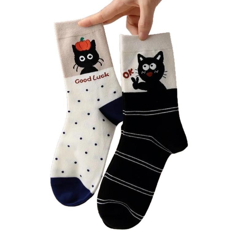 4 Pairs Women Fashion Versatile Mid Tube Socks Casual Comfortable Cute Cat Cartoon Mid Tube Socks