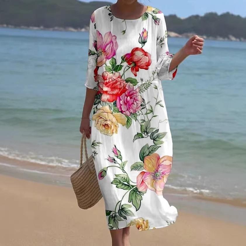 European and American New Large-size Dress Women's Clothing Seaside Vacation Printed Loose Long Dress