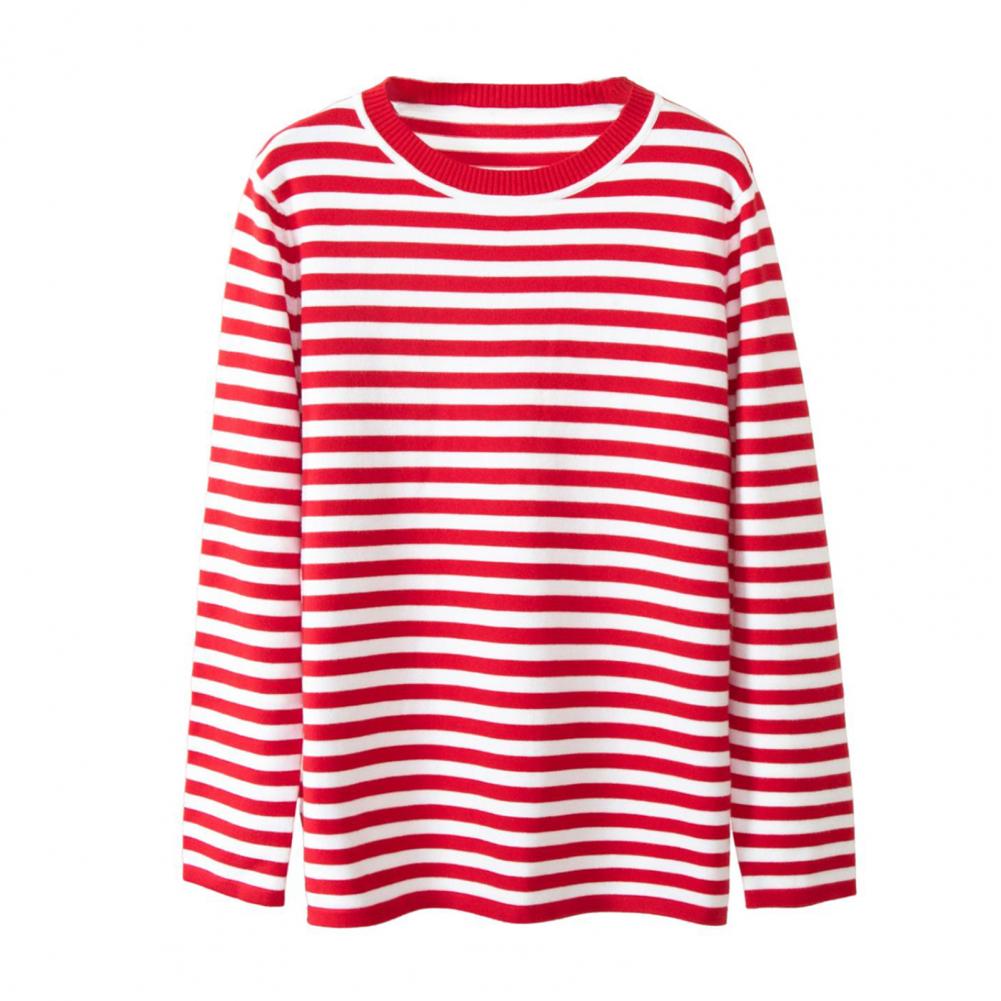 Women Tops Round Neck Long Sleeve Striped Print Sweater Loose Fit Stretchy Retro Knitting Tops Daily Wear