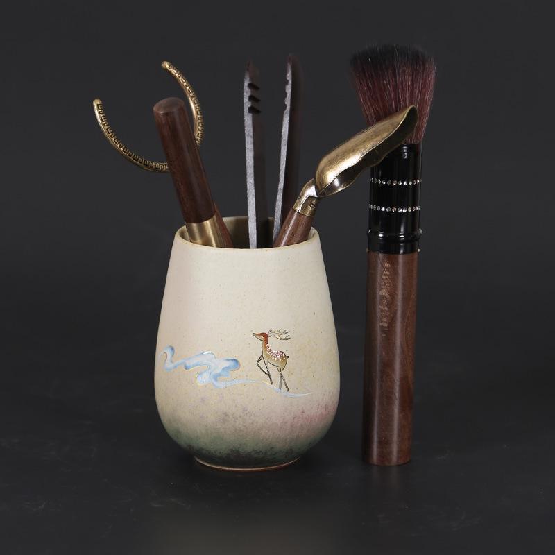 Kettle and Six Gentlemen Tea Ceremony Set - Coarse Pottery & Alloy Accessories
