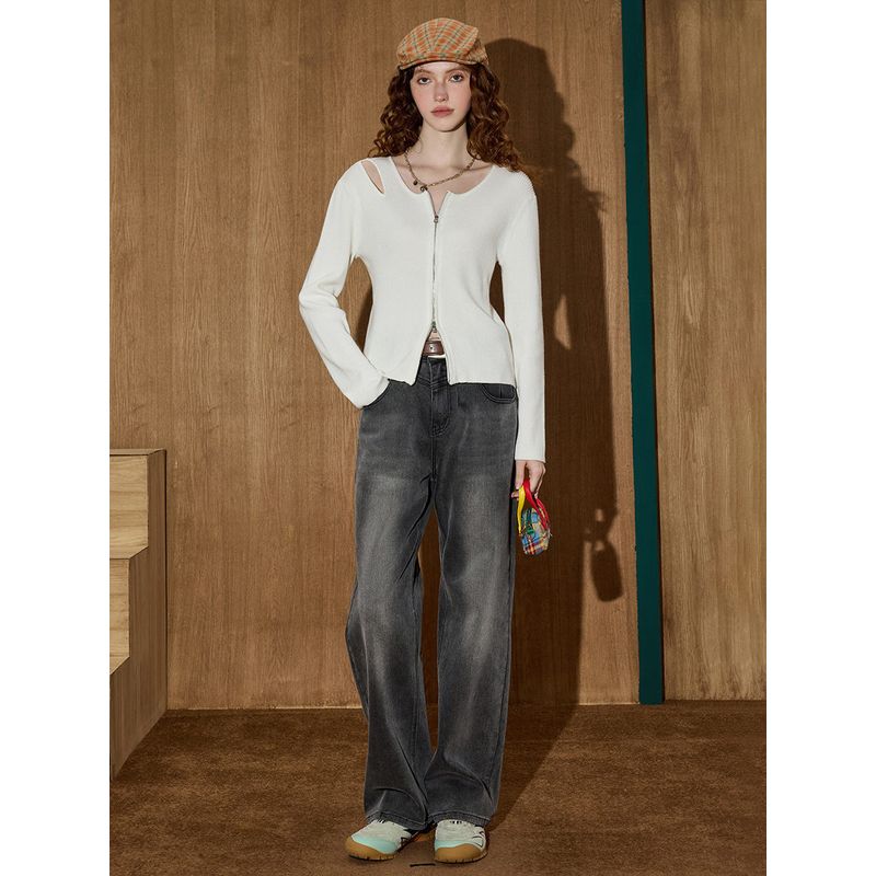 Coolhut French Style Short V-Neck Cut Out Long-Sleeved Cardigan 2025 Autum Women's Knitwear