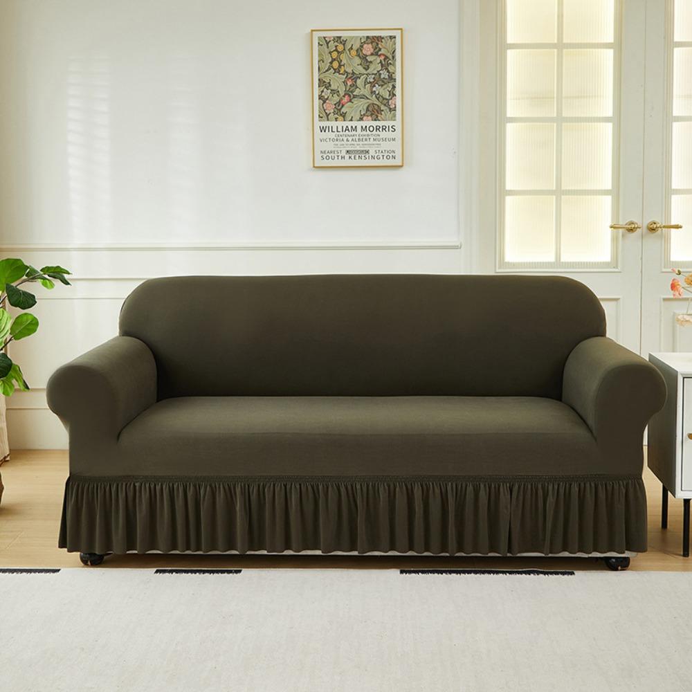 Elastic Solid Color Sofa Cover Full Protection Slip Resistant Minimalist Skirted Design