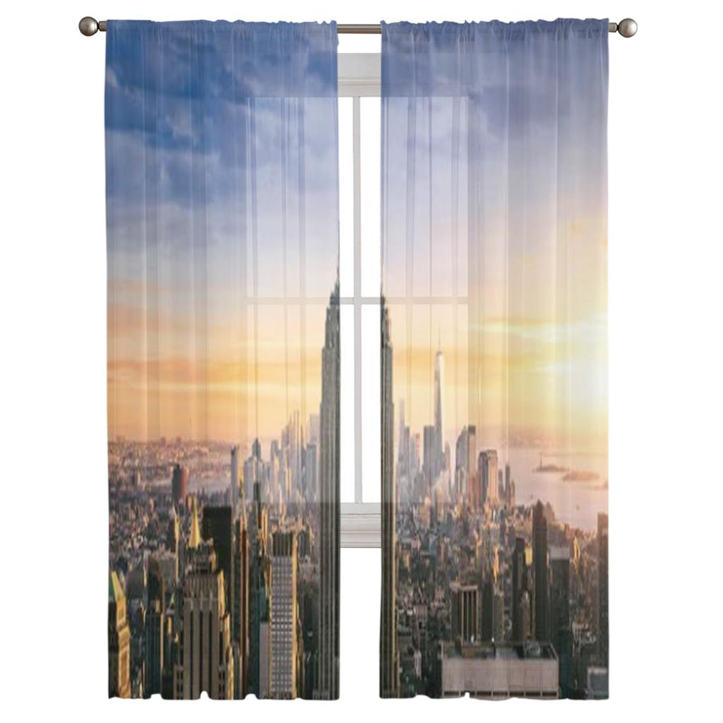 New York City Skyline Med Urbana Skyskrapor Vid Solnedgång USA Skira Gardiner för Vardagsrum Sovrum Fönster Voiler Tyllgardin