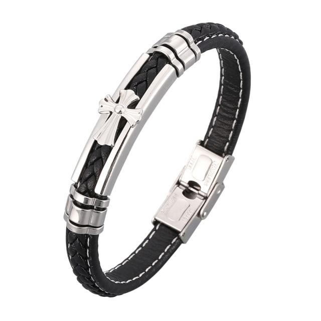 New Trendy Leather Bracelet Men Stainless Steel Handmade Bangles Male Wristband Charm Hand Jewelry Boyfriend Husband Gift Sp1037