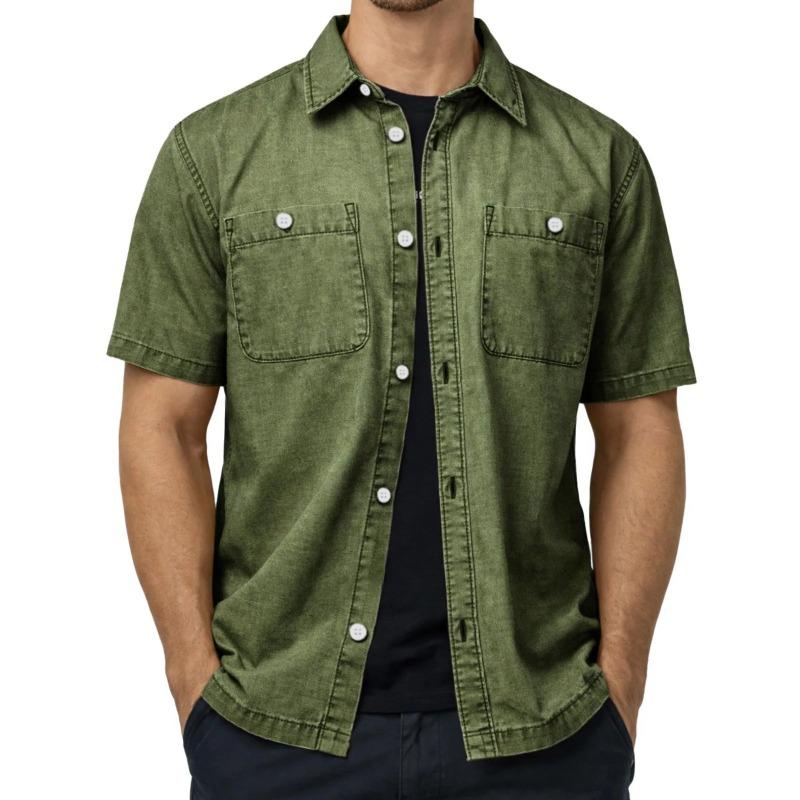 Mens Black Denim Short Sleeve Shirt Turn-down Collar Casual Loose Fit Button Down Top