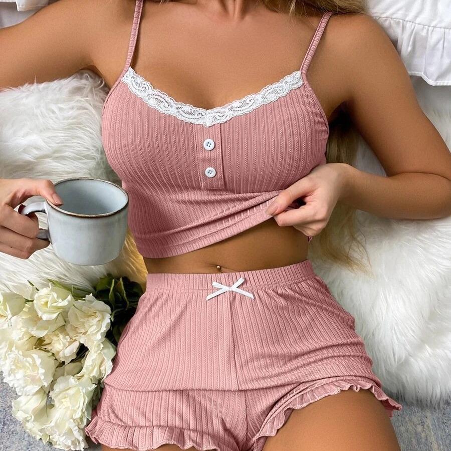 Thin lace suspender shorts pajamas women's two-piece set sexy loungewear European and American new lace