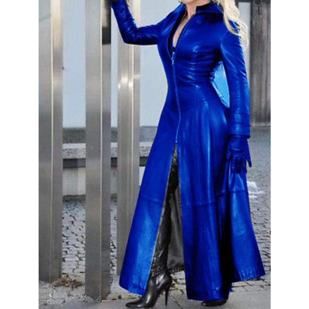 Women's Long Sleeve Faux Leather Maxi Coat Slim Fit Zip Up V Neck Elegant Commuter Trench Overcoat For Fall Winter