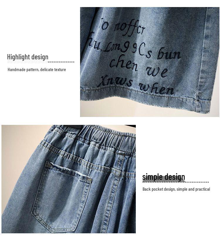 Plus Size Women's Embroidered Denim Shorts - Summer 2026, Loose Fit, Wide Hips, Thick Slimming, Wide-Leg Capri Pants