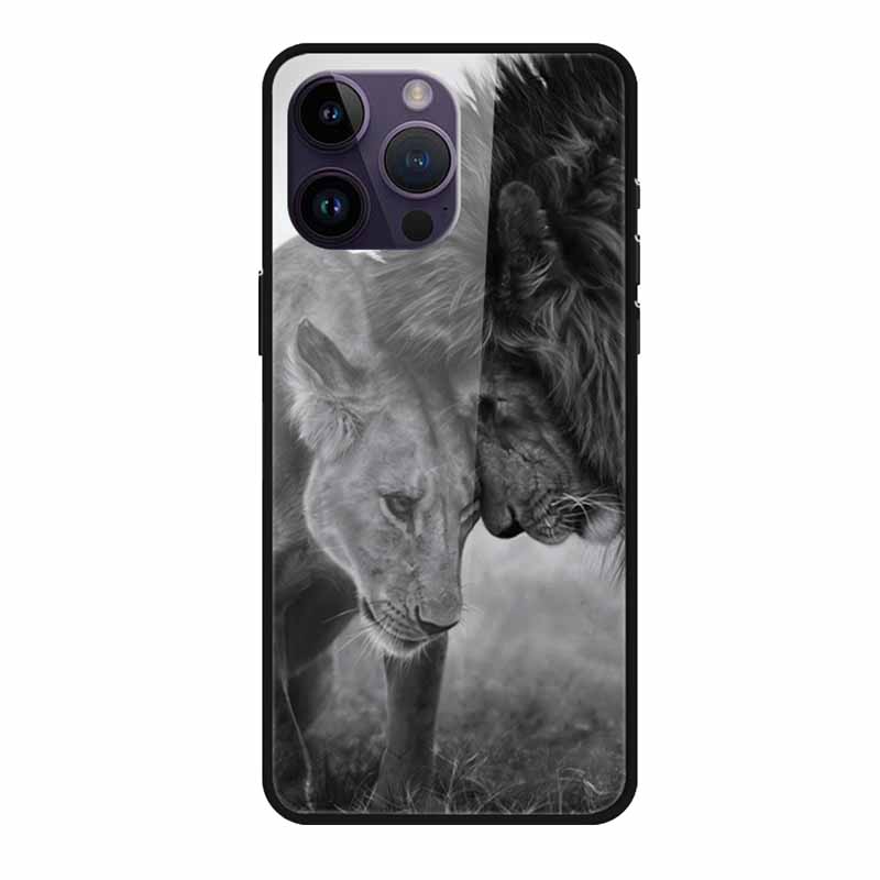 Phone Case for Apple Iphone 15 Pro 15 Plus Tempered Glass Hard Back Cover for Iphone 15 Pro Max Iphone15 Wolf Lion Funda Capa