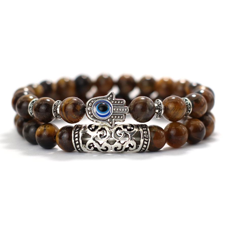 Retro Fatima Hand Bracelet Set Men 8mm Volcanic Rock Tiger Eyes Sodalite Stone Energy Healing Braslet Gourmette Homme Pulseria
