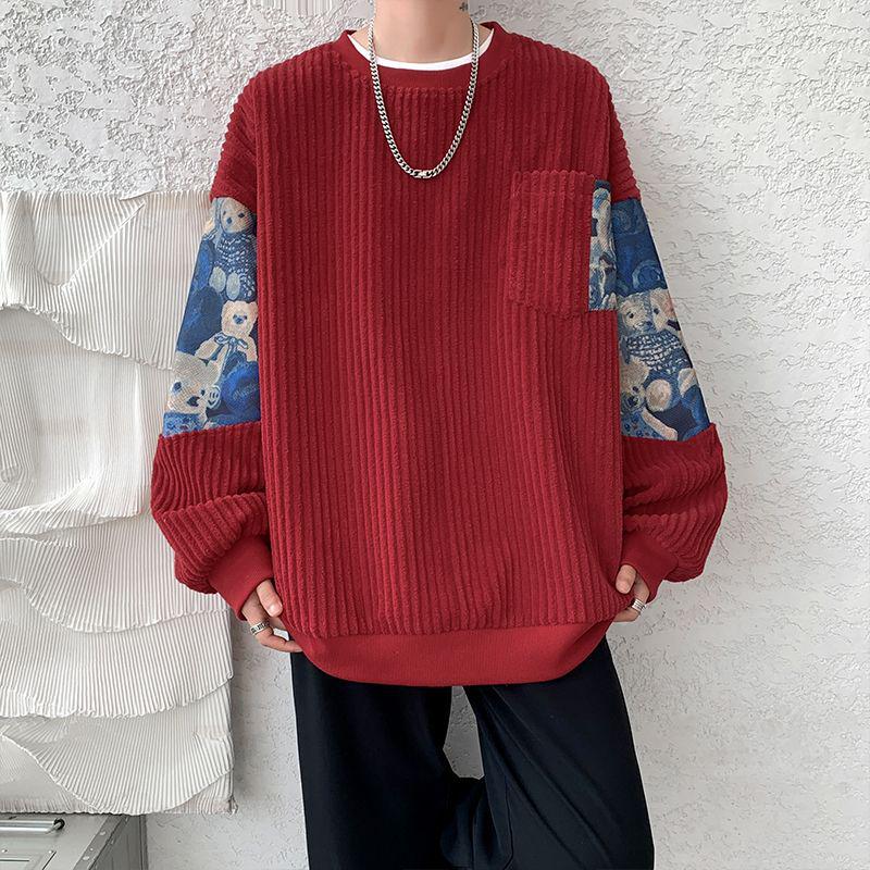 Men's White Corduroy Hoodie with Little Bear Embroidery, Heavyweight Plus Velvet, New Chinese Style, Thickened for Autumn/Winter.