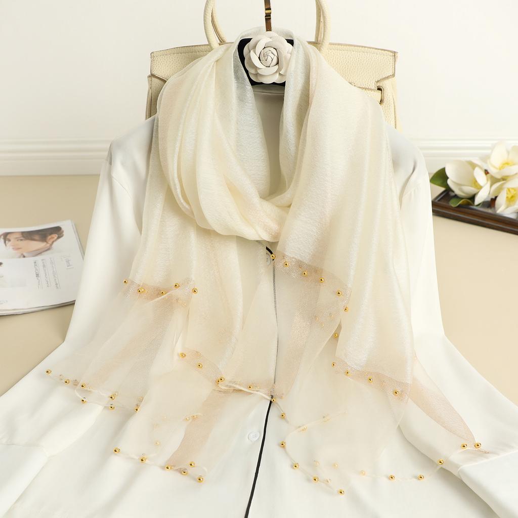 Solid Beading women scarf summer silk scarves lady shawl wrap hijab foulard female bandana pashmina Pearl jewel headband
