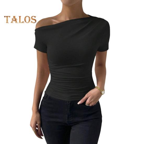 

Женская летняя футболка с косым воротником и коротким рукавом, приталенная футболка, однотонный пуловер с боковыми сборками, топы L чёрный