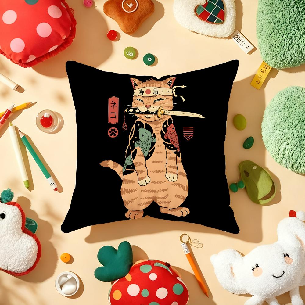 Japanese Style Samurai Cat Cushion Cover Plush Fabric Soft Double-Sided Printed Sofa Warm Winter Home Gift Pillow Cover