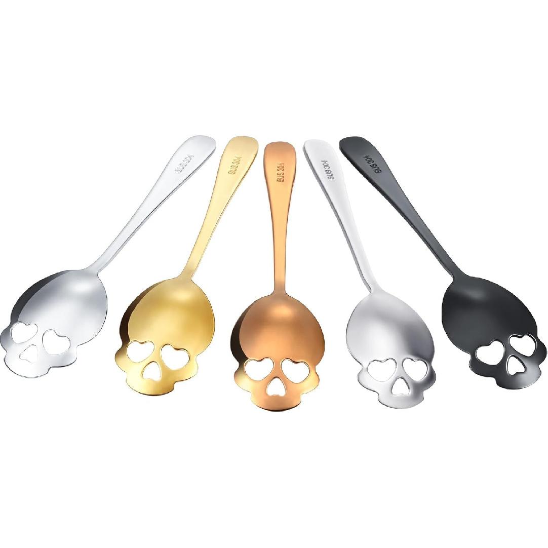 Skull Spoons Stainless Steel Coffee and Espresso Spoons for Tea, Milk, Sugar Stirring, Dessert, Cake (Mixed Color,5 Pieces)