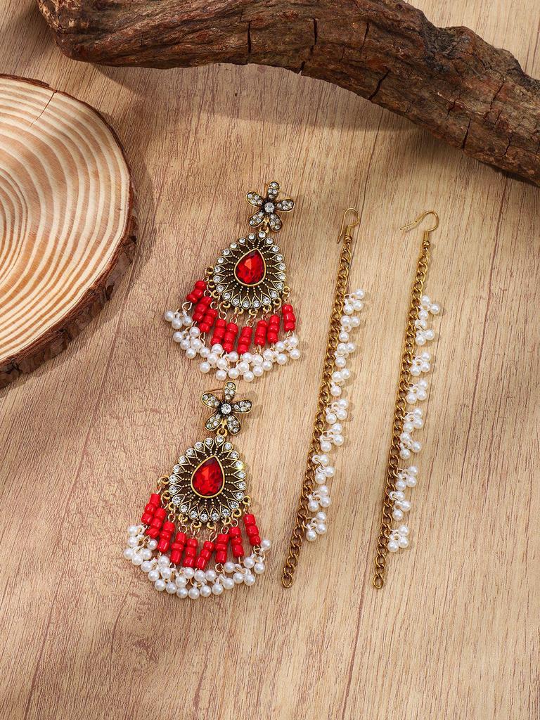 Bohemian Rhinestone Flower Tassel Earring & Hair Chain Set