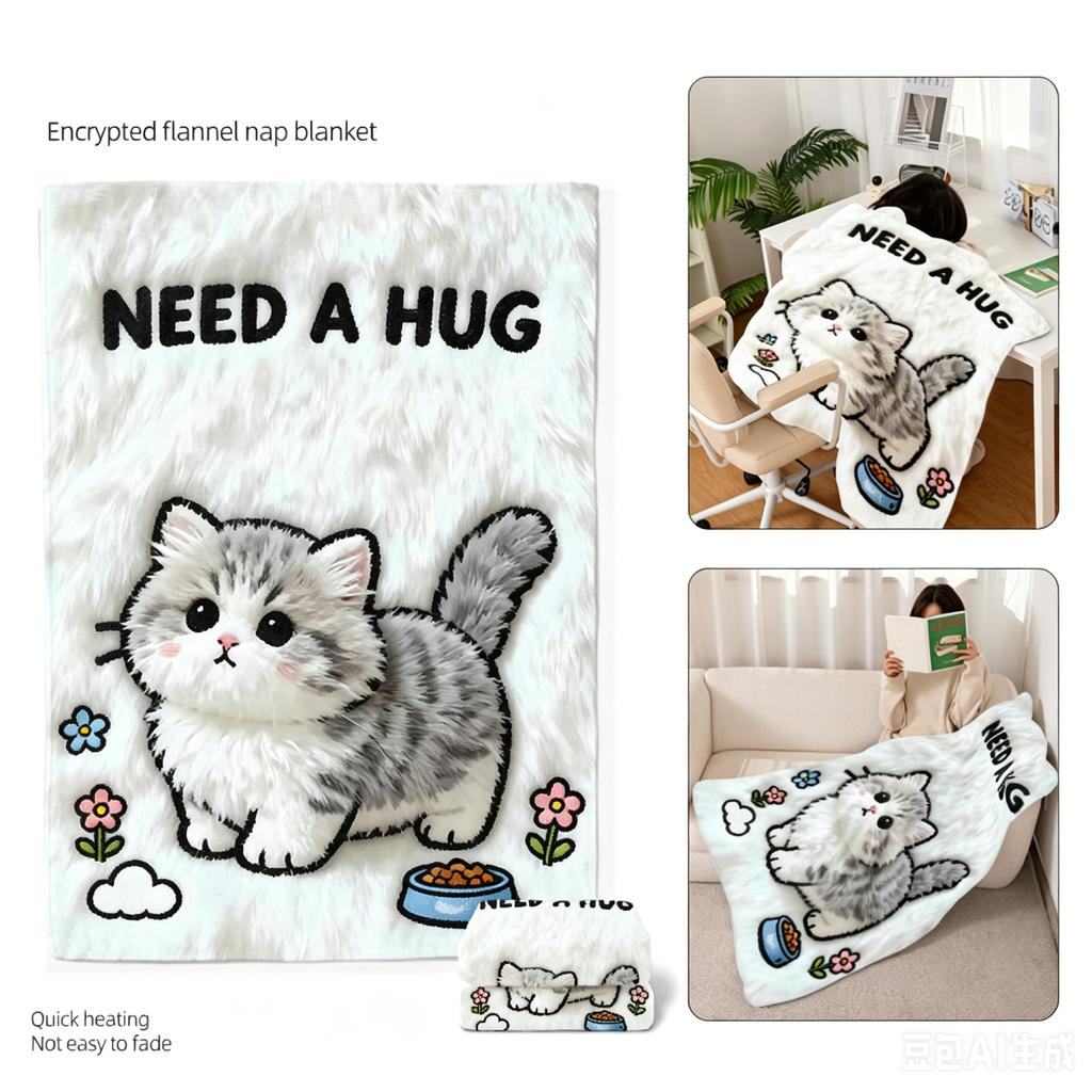 Cute 2D Cat Flannel Blanket, Soft Fuzzy Kawaii Kitten Throw Blanket, Cartoon Shark Hat Ragdoll Cat Nap Blanket for Sofa Office B