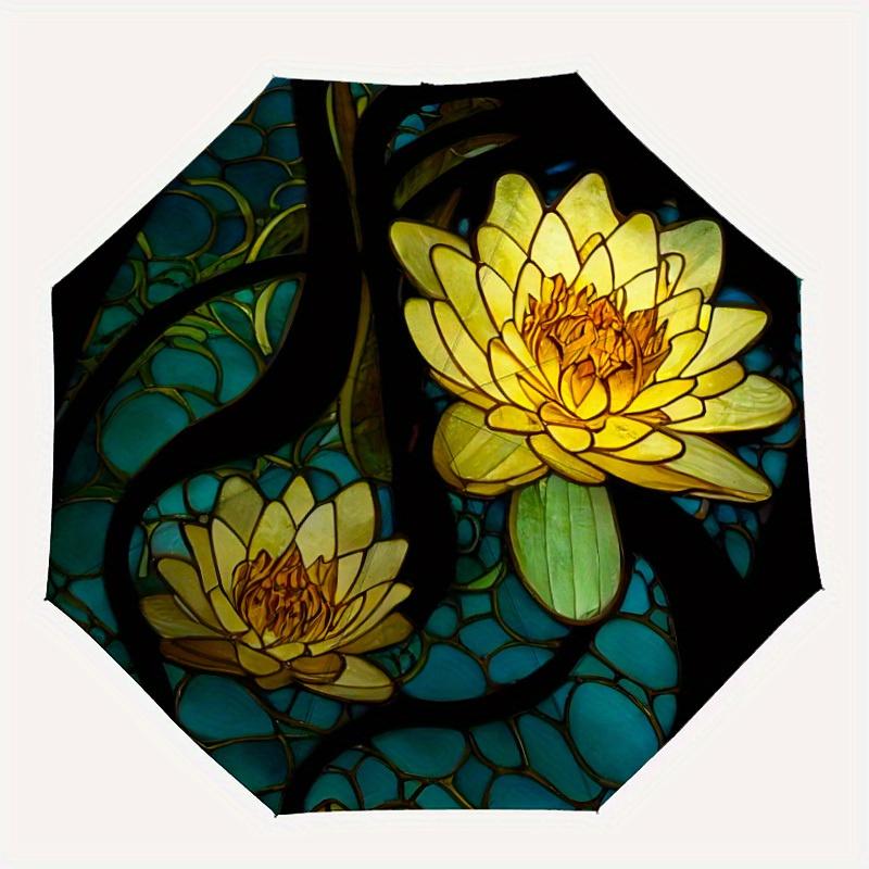 1 шт. Автоматический складной зонт-трость «Водяная лилия» из витражного стекла, ветрозащитный, функциональный дизайн, прочный купол на 8 спицах