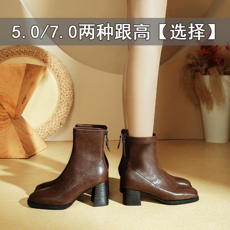 Women's Winter Boots Medium Boots 2025 New High Heel Short Boots Women's Brown Martin Boots Square Head Skinny Boots Thick Heel