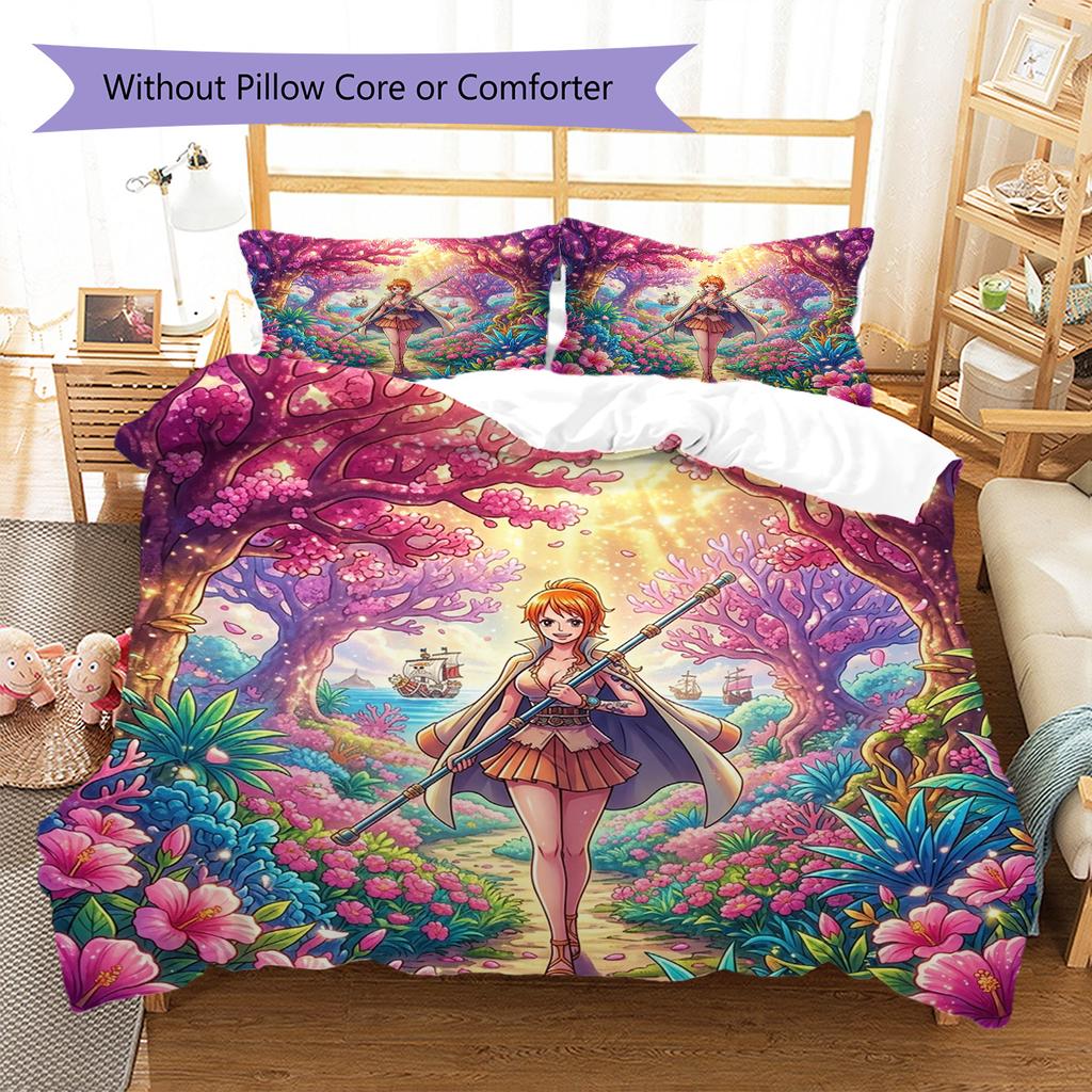 One Piece Luffy Pattern Bedding Quilt Set Quilt Cover Pillowcase Home Decoration Birthday Gift (1 * Duvet Cover + 2 * Pillowcase, Without Core)