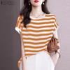 ZANZEA Women Casual Round Neck Short Sleeve Striped Solid Color Loose Blouse