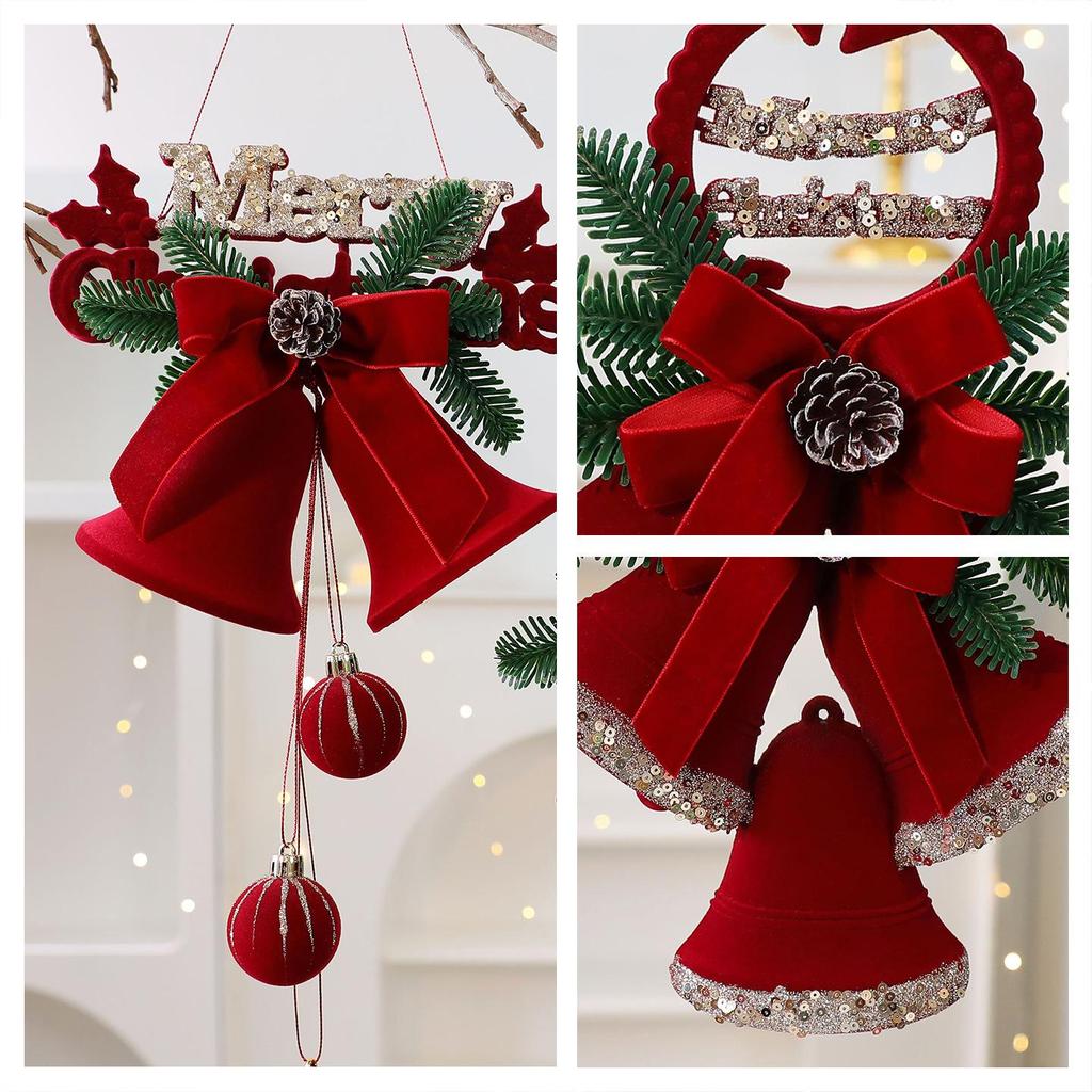 Velvet Flocked Christmas Bells Ornaments Set, Red Decorative Hanging Ornaments for Tree, Wreath, Garland