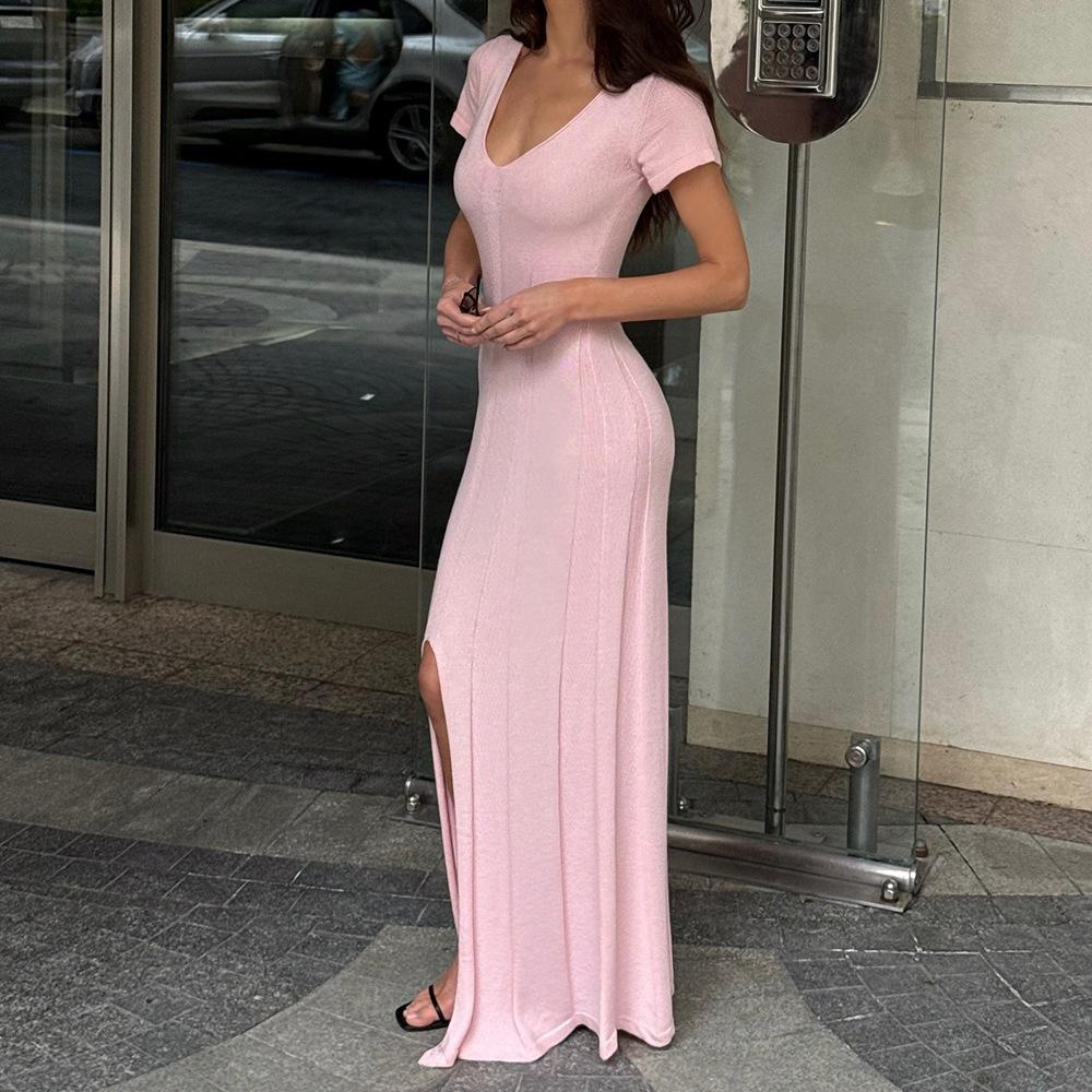 Short-sleeved knitted dress, European and American spring and summer new V-neck slit dress, slim-fitting long dress