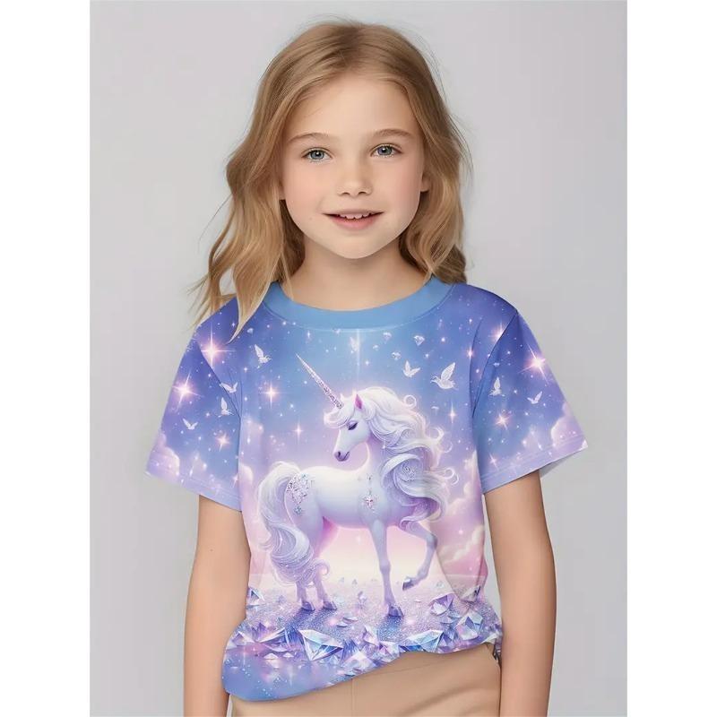 Children's Cartoon Unicorn Print Cute Multi-color T-shirts Girls Fashionable Soft Comfortable T-shirt