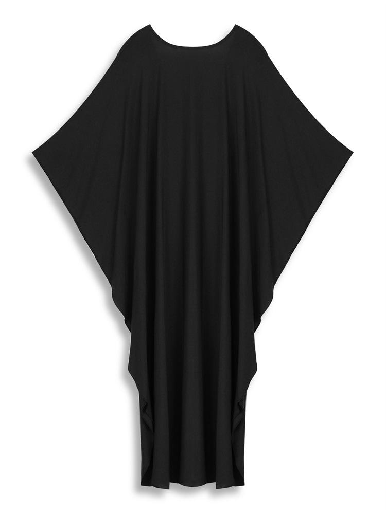 EDOLYNSA Plus Size Kaftan Black Solid Bohemian Printed Summer Long Beach Dress Women Homewear Outfit Swim Suit Cover Up Loose Caftan