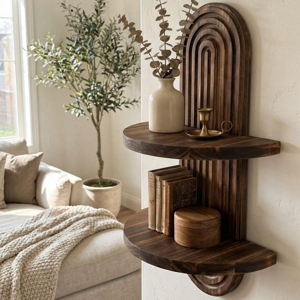 Oval Threaded Wooden Wall Shelves Natural Artistic Wooden Stand Wall Mounted Shelf Living Room