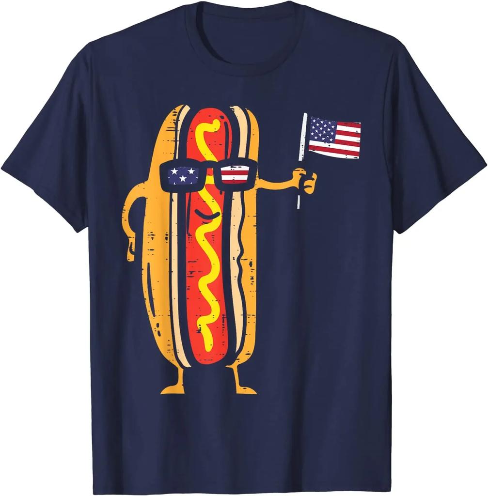 Hotdog Sunglasses American Flag USA Funny 4th of July Fourth T-Shirt for Men Women Funny Independence Day Cotton Daily Casual