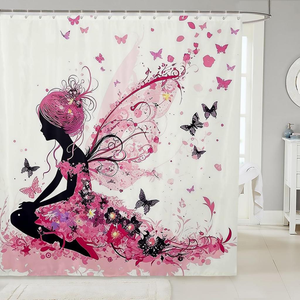Pink Fairy Shower Curtain Magical Butterfly Art Romantic Bathroom Decor Linen180X230